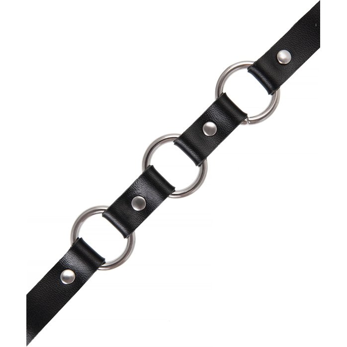 Черный кожаный чокер-ошейник с тремя кольцами. Фотография 6.
