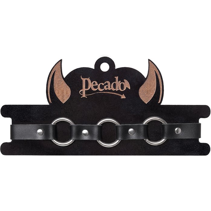 Черный кожаный чокер-ошейник с тремя кольцами. Фотография 7.