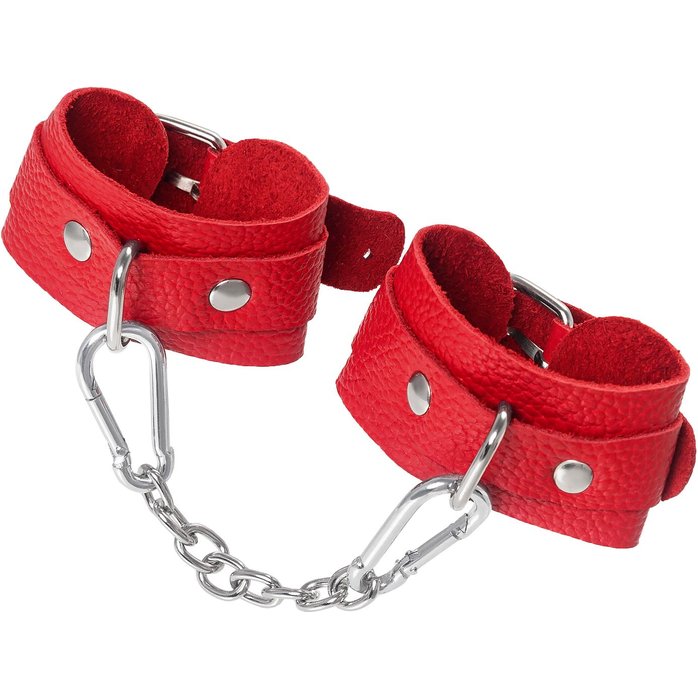 Красные кожаные наручники-браслеты со скруглёнными углами. Фотография 4.