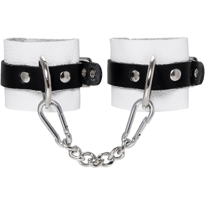 Бело-черные кожаные наручники с одним ремешком с люверсами. Фотография 2.