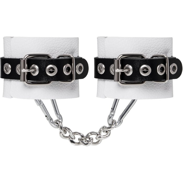 Бело-черные кожаные наручники с одним ремешком с люверсами. Фотография 3.