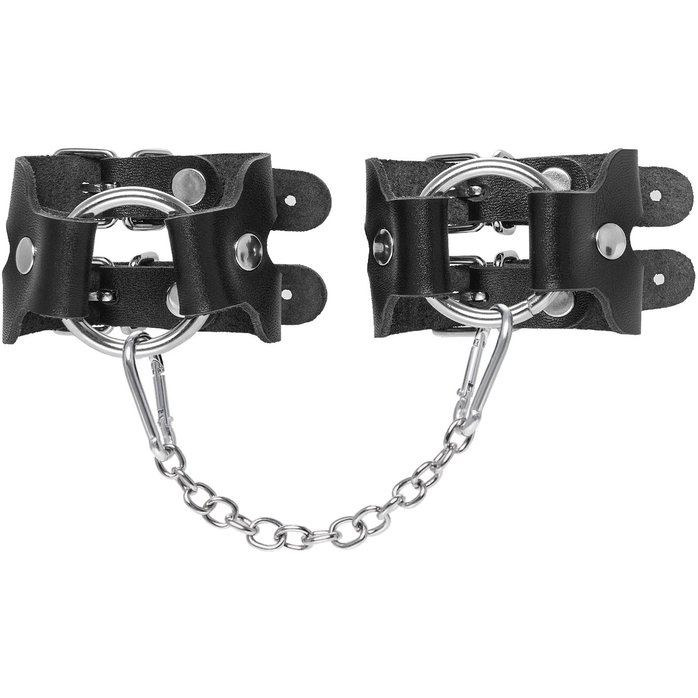 Черные кожаные наручники-браслеты из двух ремешков. Фотография 2.