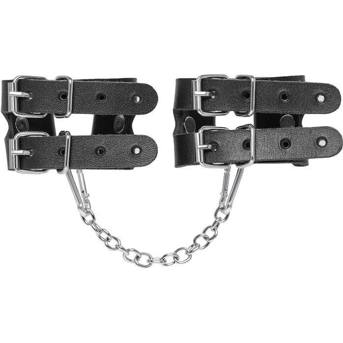 Черные кожаные наручники-браслеты из двух ремешков. Фотография 3.