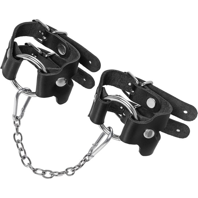 Черные кожаные наручники-браслеты из двух ремешков. Фотография 4.