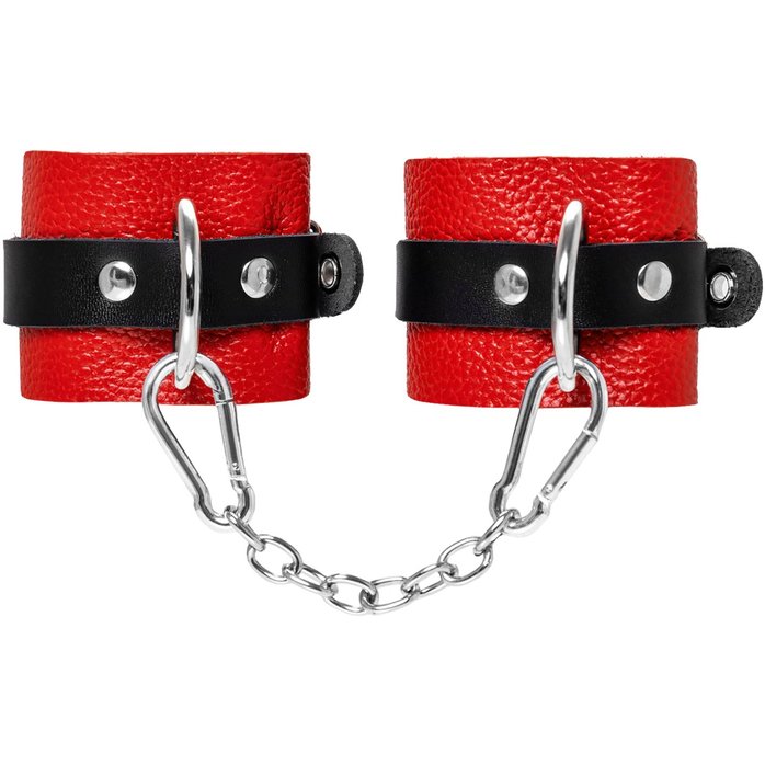 Красно-черные мягкие наручники с одним ремешком с люверсами. Фотография 2.