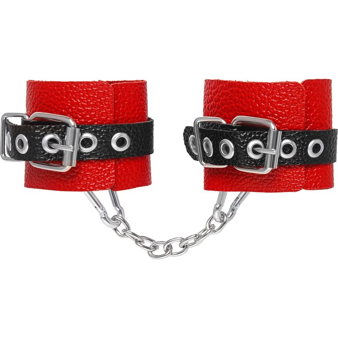 Красно-черные мягкие наручники с одним ремешком с люверсами. Фотография 3.