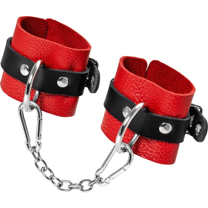 Красно-черные мягкие наручники с одним ремешком с люверсами. Фотография 4.