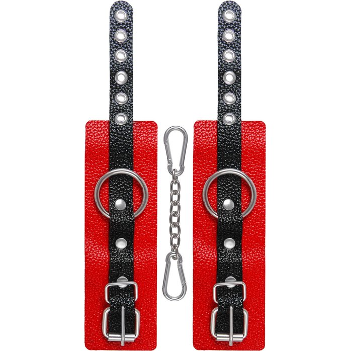 Красно-черные мягкие наручники с одним ремешком с люверсами. Фотография 5.