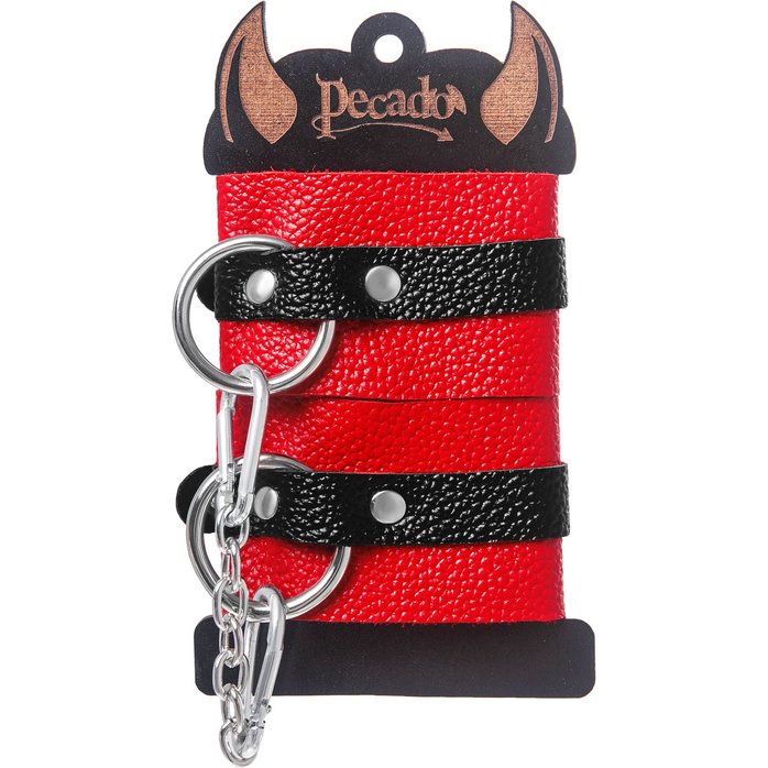 Красно-черные мягкие наручники с одним ремешком с люверсами. Фотография 6.