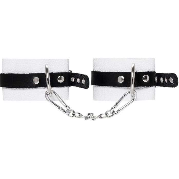 Бело-черные мягкие оковы с одним ремешком и люверсами. Фотография 2.