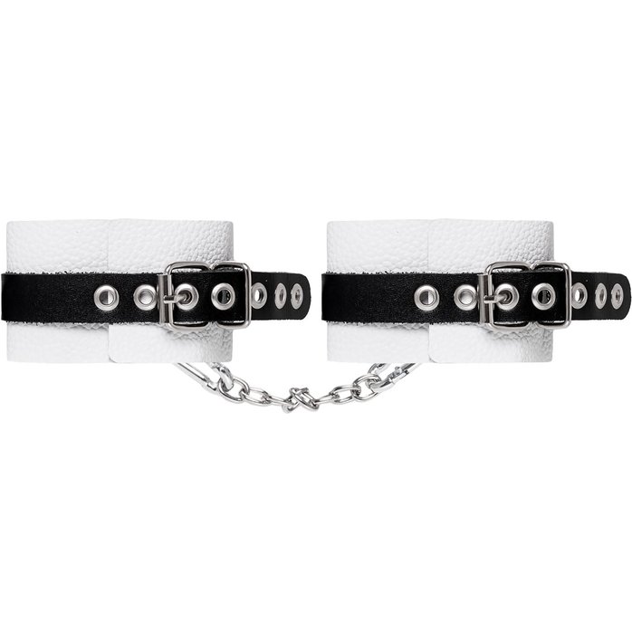 Бело-черные мягкие оковы с одним ремешком и люверсами. Фотография 3.