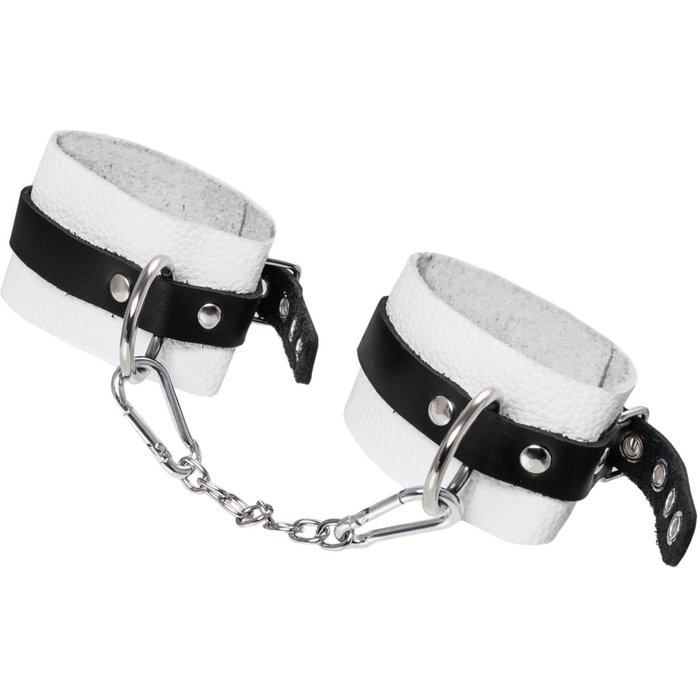 Бело-черные мягкие оковы с одним ремешком и люверсами. Фотография 4.