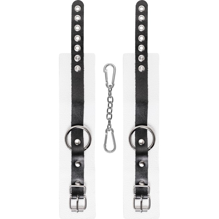 Бело-черные мягкие оковы с одним ремешком и люверсами. Фотография 5.