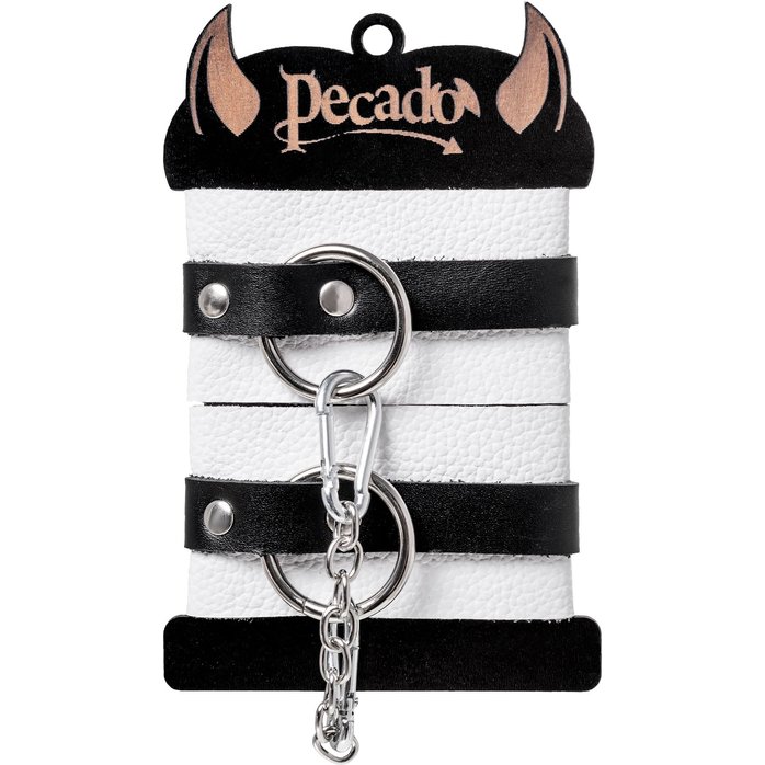 Бело-черные мягкие оковы с одним ремешком и люверсами. Фотография 7.