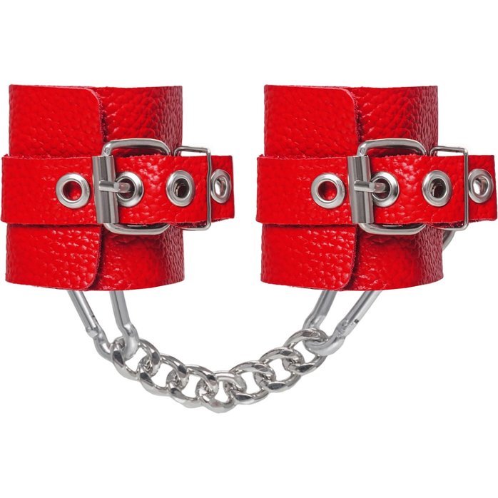 Красные мягкие кожаные наручники с люверсами. Фотография 3.