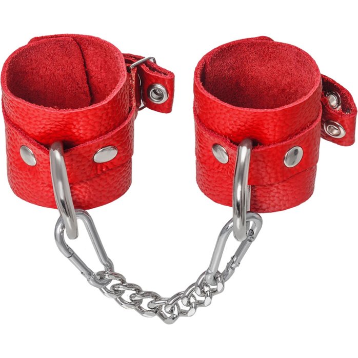 Красные мягкие кожаные наручники с люверсами. Фотография 4.