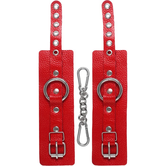 Красные мягкие кожаные наручники с люверсами. Фотография 5.