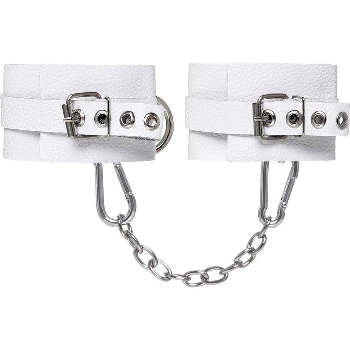Белые мягкие кожаные наручники с люверсами. Фотография 3.