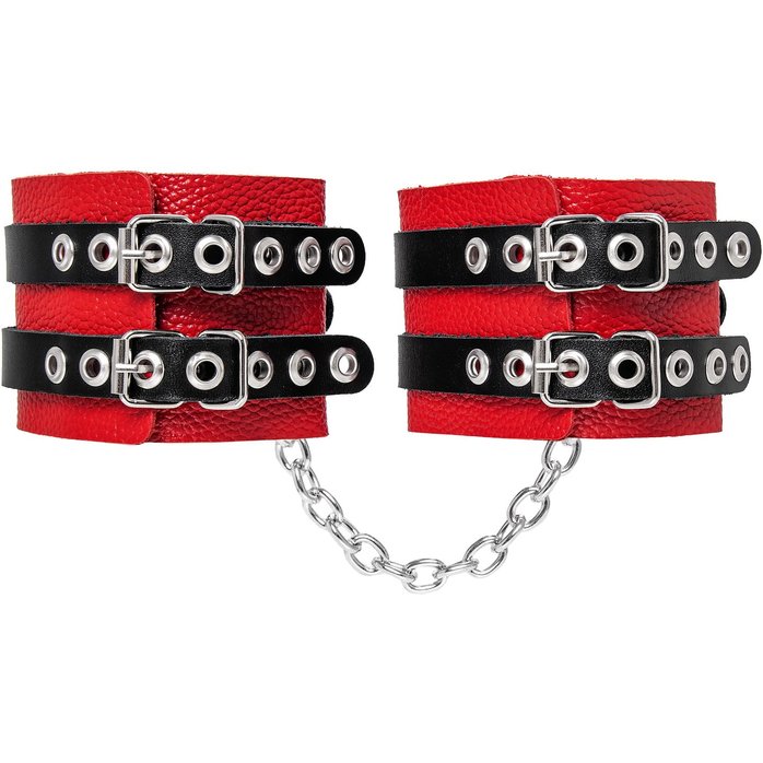 Красно-черные мягкие оковы с двумя ремешками с люверсами. Фотография 3.