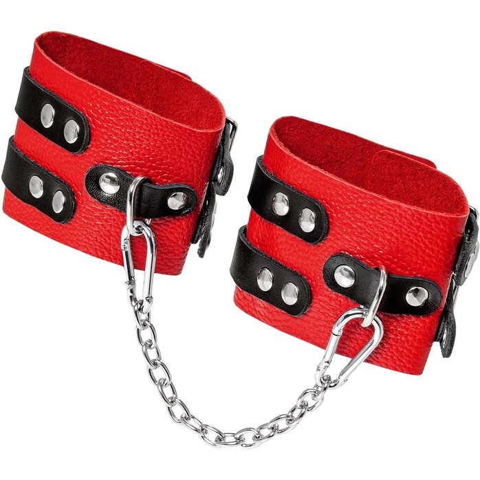 Красно-черные мягкие оковы с двумя ремешками с люверсами. Фотография 4.