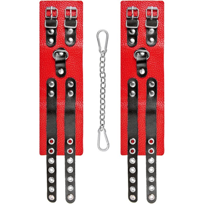 Красно-черные мягкие оковы с двумя ремешками с люверсами. Фотография 5.