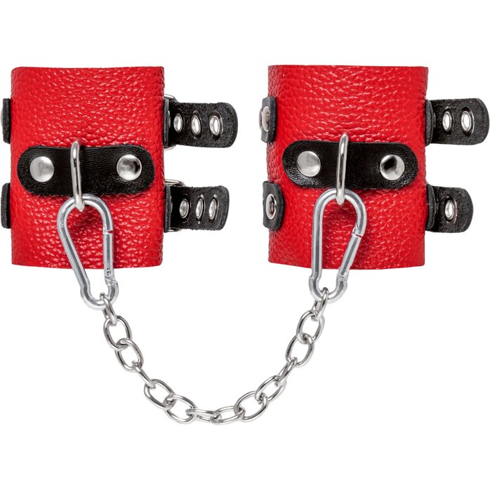 Красно-черные мягкие наручники с двумя ремешками с люверсами. Фотография 2.