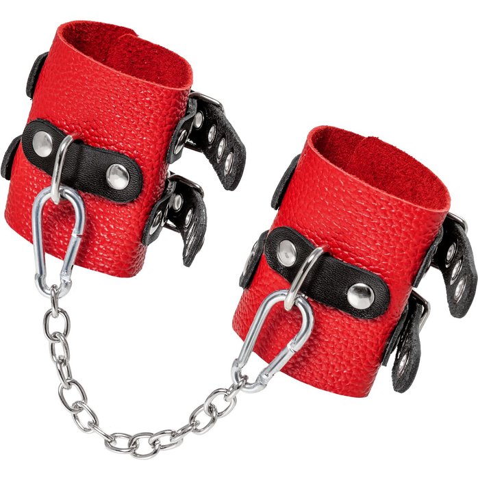 Красно-черные мягкие наручники с двумя ремешками с люверсами. Фотография 3.