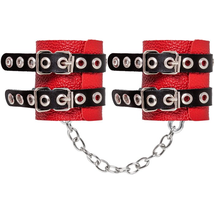 Красно-черные мягкие наручники с двумя ремешками с люверсами. Фотография 4.