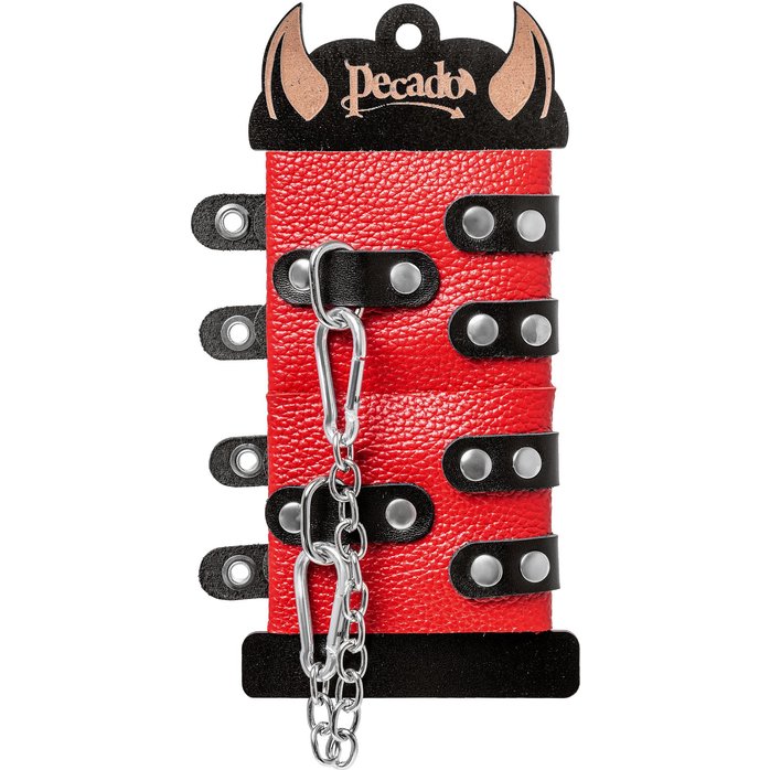 Красно-черные мягкие наручники с двумя ремешками с люверсами. Фотография 5.