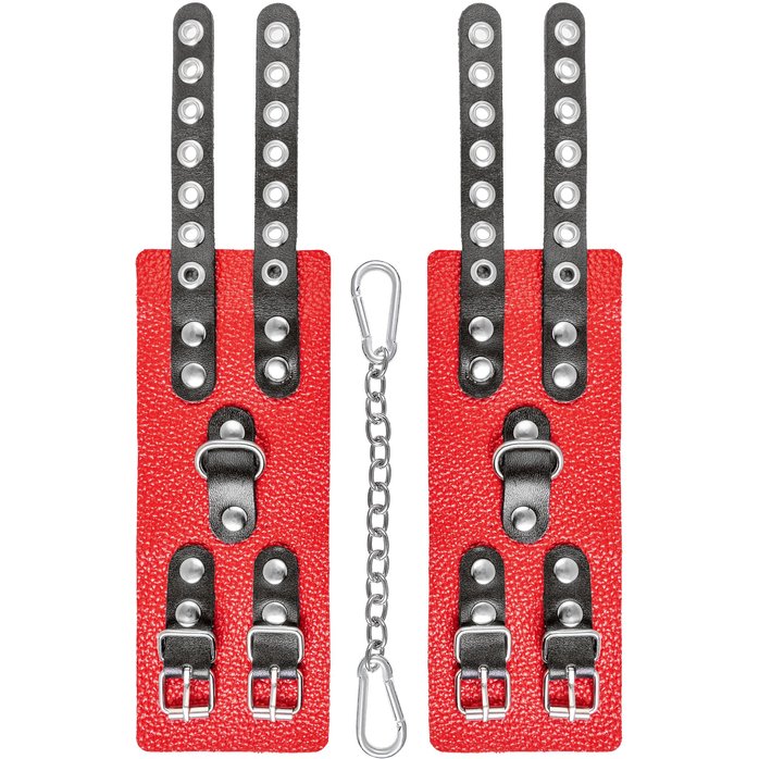 Красно-черные мягкие наручники с двумя ремешками с люверсами. Фотография 6.