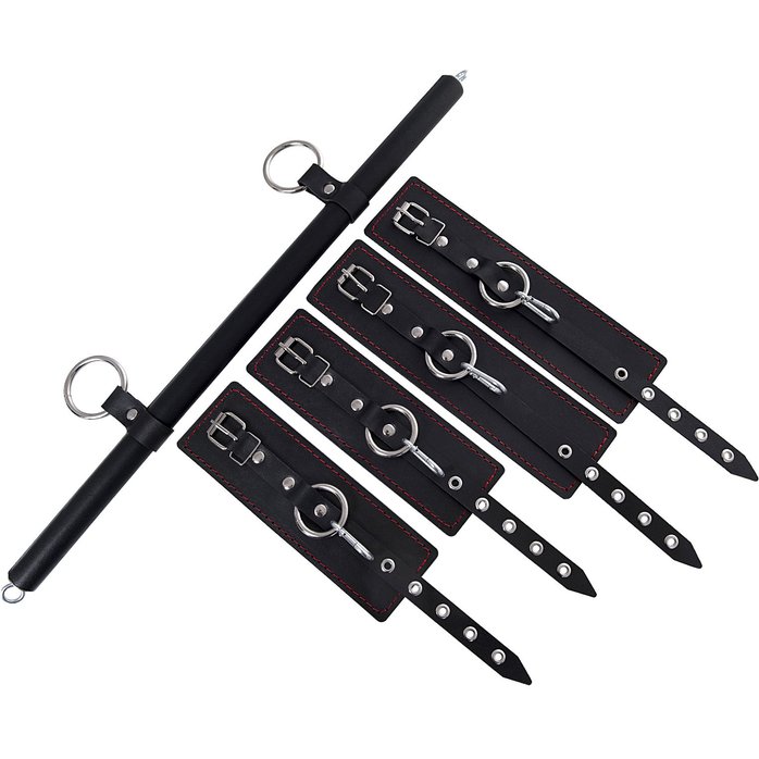 Черная распорка с 4 манжетами для рук и ног. Фотография 3.