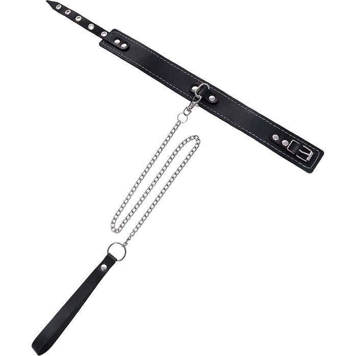 Кожаный двухслойный ошейник с белой строчкой и поводком. Фотография 2.