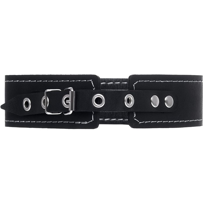 Кожаный двухслойный ошейник с белой строчкой и поводком. Фотография 4.