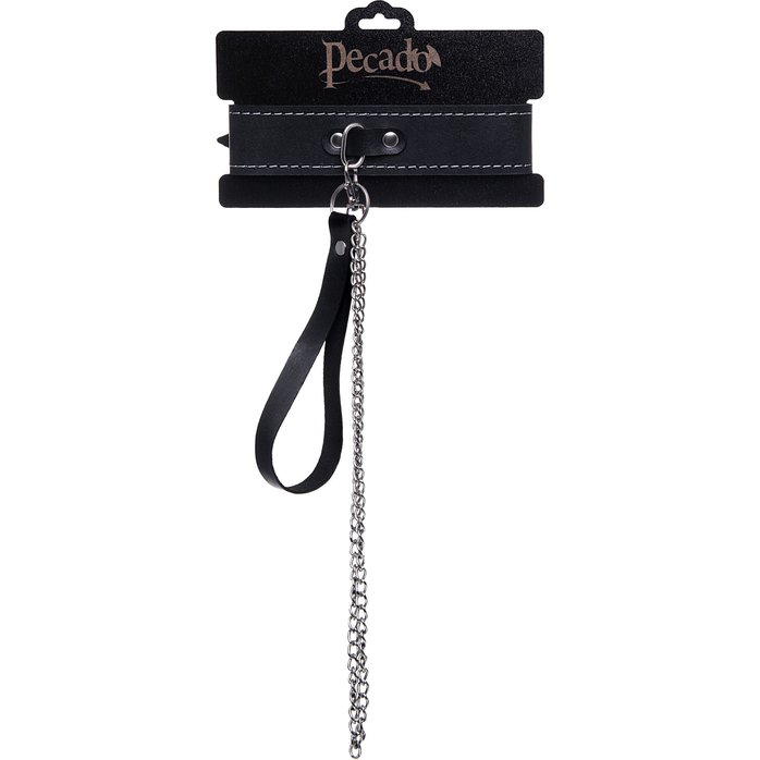 Кожаный двухслойный ошейник с белой строчкой и поводком. Фотография 6.