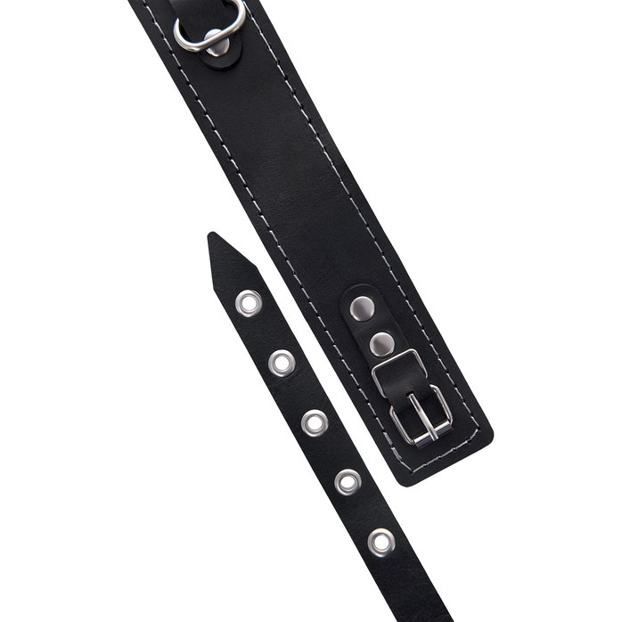 Кожаный двухслойный ошейник с белой строчкой и поводком. Фотография 7.