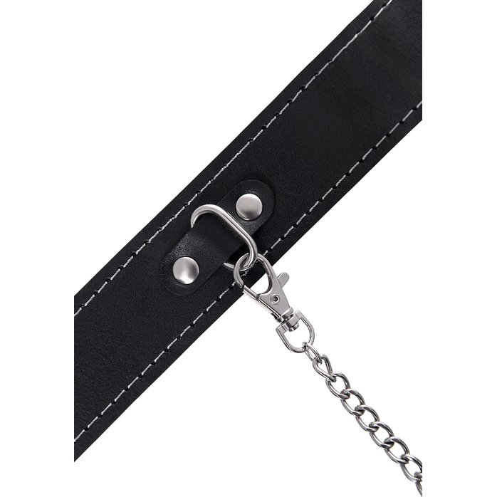 Кожаный двухслойный ошейник с белой строчкой и поводком. Фотография 8.