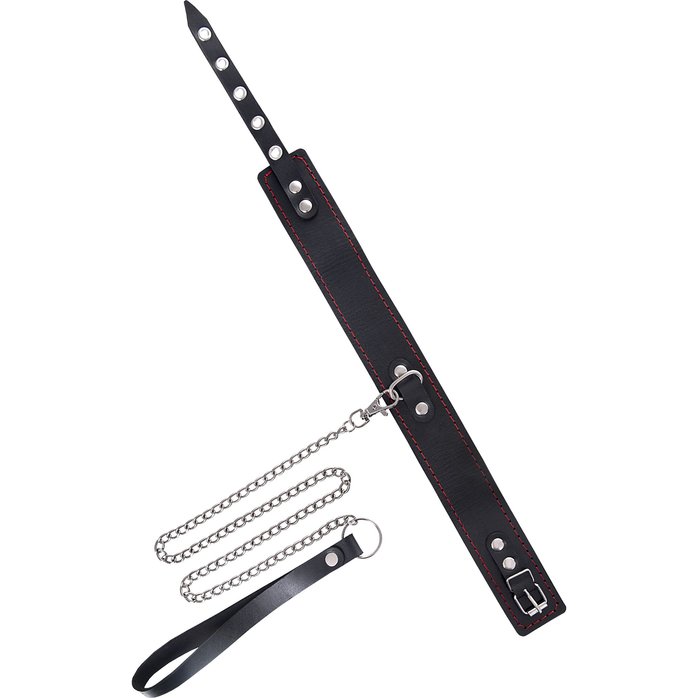 Кожаный двухслойный ошейник с красной строчкой и поводком. Фотография 2.