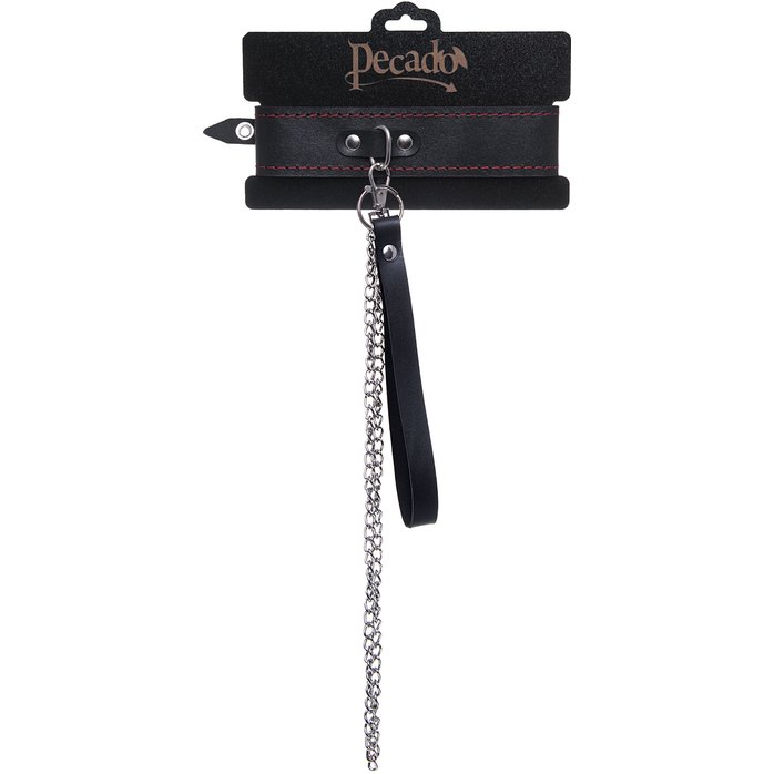 Кожаный двухслойный ошейник с красной строчкой и поводком. Фотография 6.