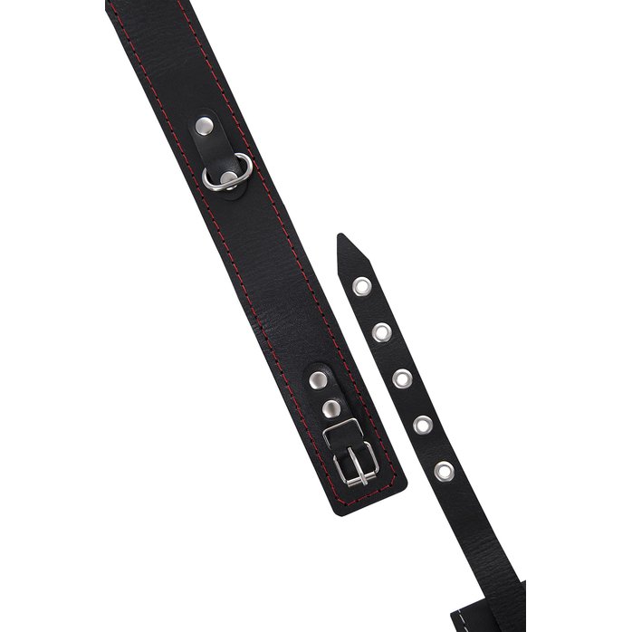 Кожаный двухслойный ошейник с красной строчкой и поводком. Фотография 7.