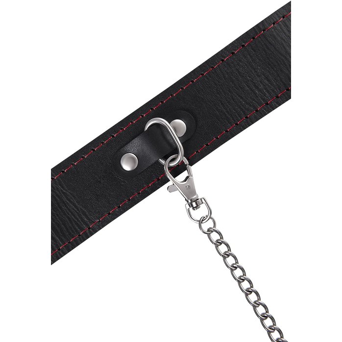 Кожаный двухслойный ошейник с красной строчкой и поводком. Фотография 8.