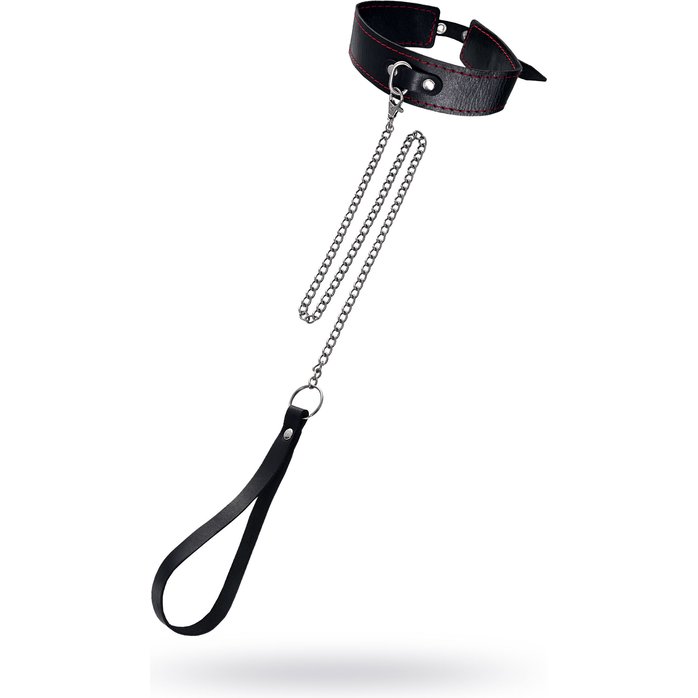 Кожаный двухслойный ошейник с красной строчкой и поводком