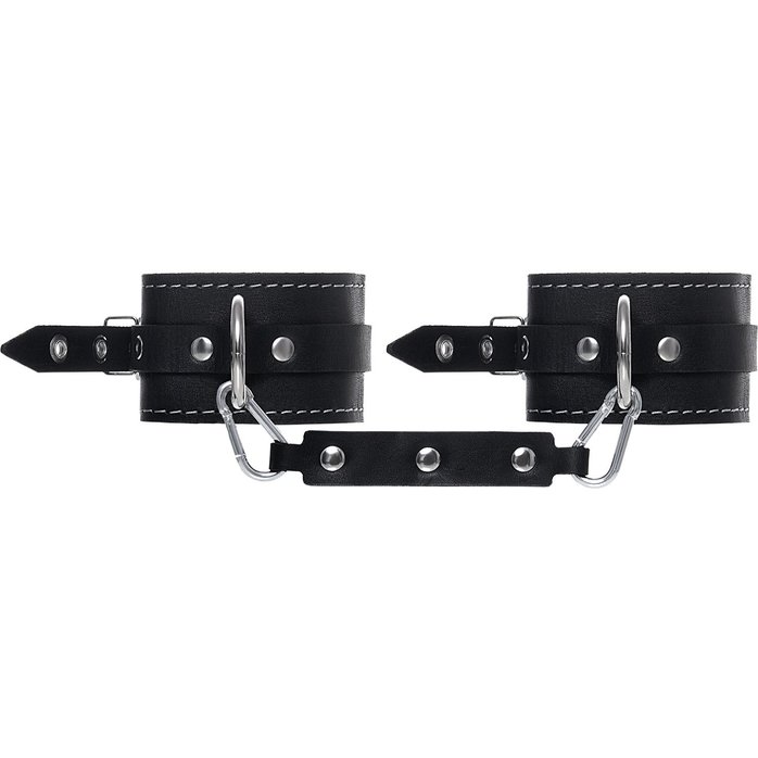 Черные двухслойные кожаные оковы с белой строчкой. Фотография 3.