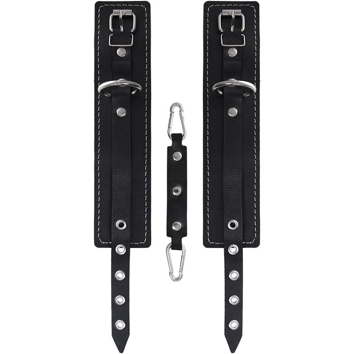 Черные двухслойные кожаные оковы с белой строчкой. Фотография 4.