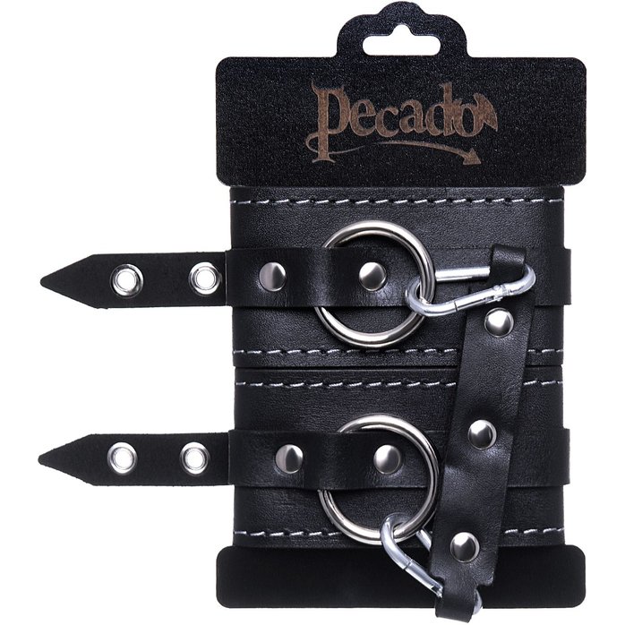 Черные двухслойные кожаные оковы с белой строчкой. Фотография 6.