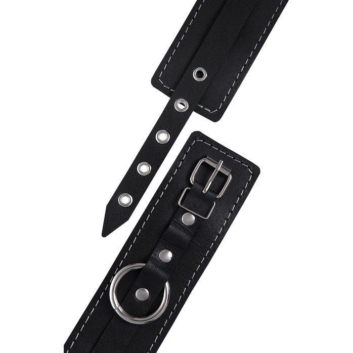 Черные двухслойные кожаные оковы с белой строчкой. Фотография 7.