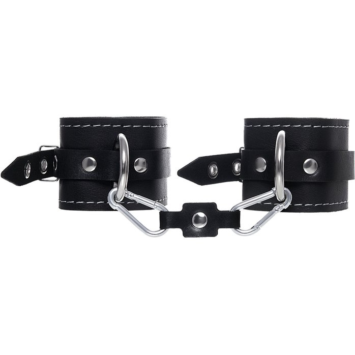 Черные двухслойные наручники с белой строчкой. Фотография 2.