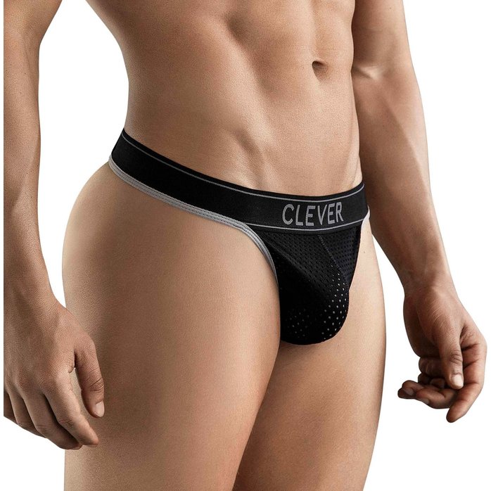 Черные перфорированные трусы-тонги Clever Ambar Thong. Фотография 2.