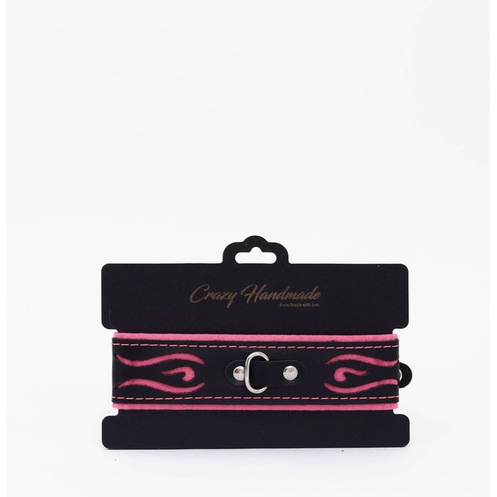 Черно-розовый кожаный ошейник с розовой строчкой. Фотография 2.