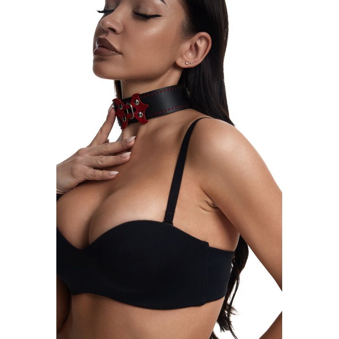 Черный ошейник с красным декором и строчкой. Фотография 3.