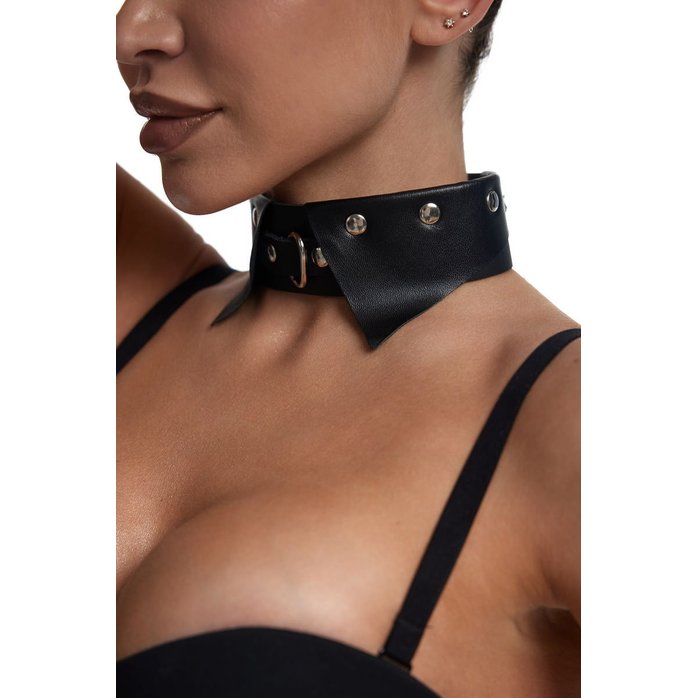 Черный однослойный кожаный ошейник с имитацией воротничка. Фотография 3.